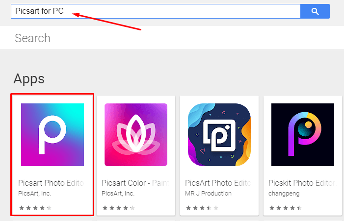 search for Picsart for PC