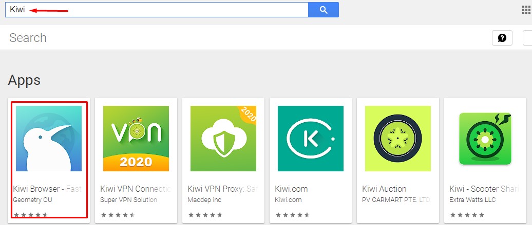 Search Kiwi browser on play store