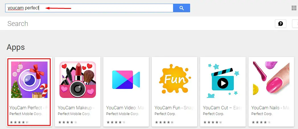 YouCam Perfec search in play store