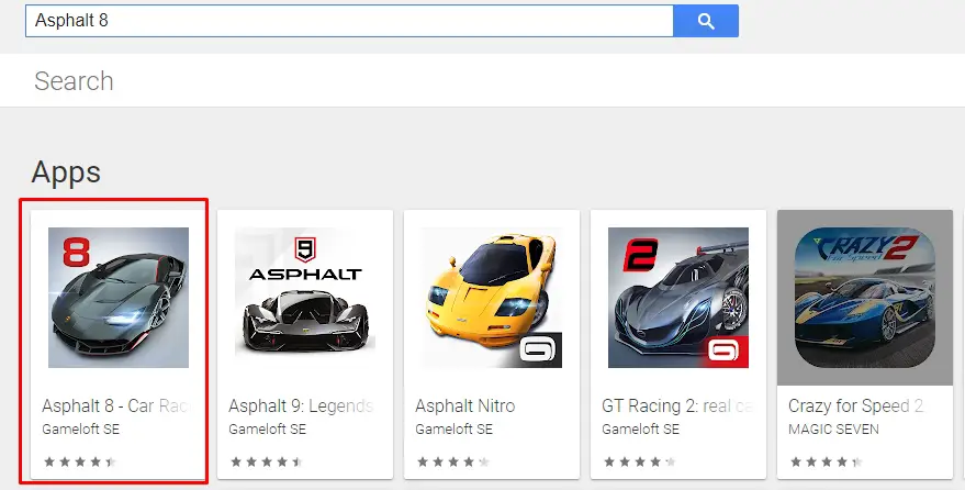 Search and download the Asphalt 8 game