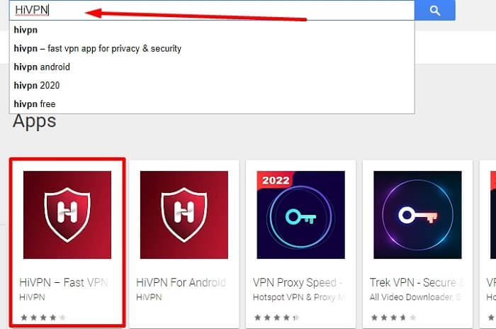 Search for Hi VPN App and select the hi vpn app