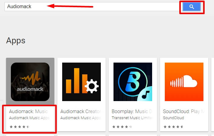 search for Audiomack for PC on play store